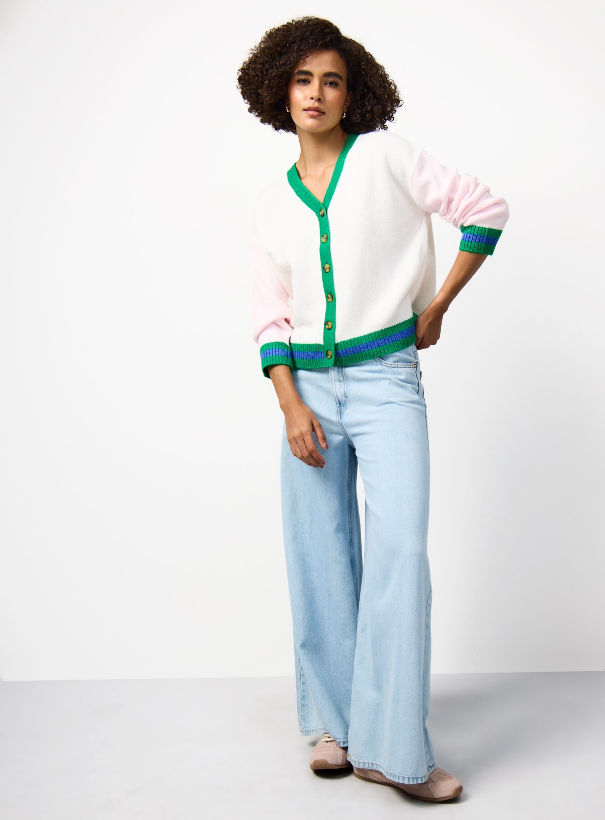 White Pink and Green Colour Block Knitted V Neck Cardigan S - Image 2 thumbnail